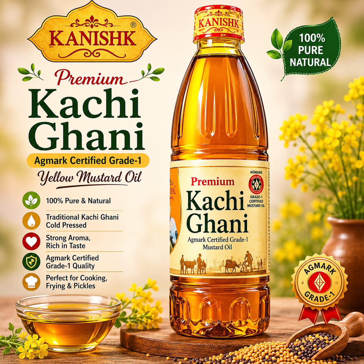 Kanishk Premium Kachi Ghani Yellow Mustard Oil - 1L